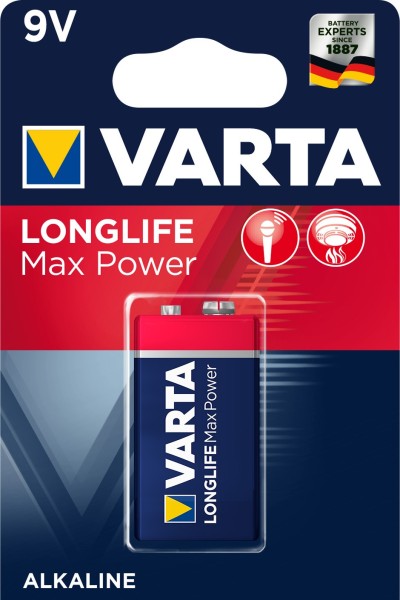Varta Longlife Max Power 9V Block 6LR61 Batterie, Alkaline E-Block Batterien ideal für Feuermelder Rauchmelder Stimmgerät (1er Pack)